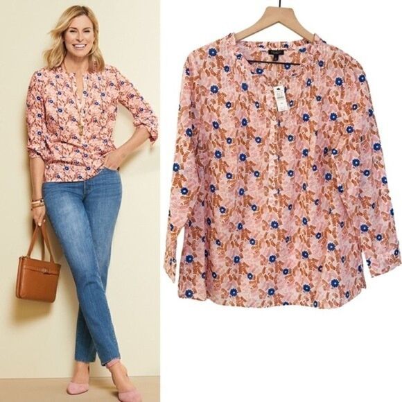 New! Talbots Pintuck Voile Floral Peasant Top Blouse Petite - Picture 1 of 11